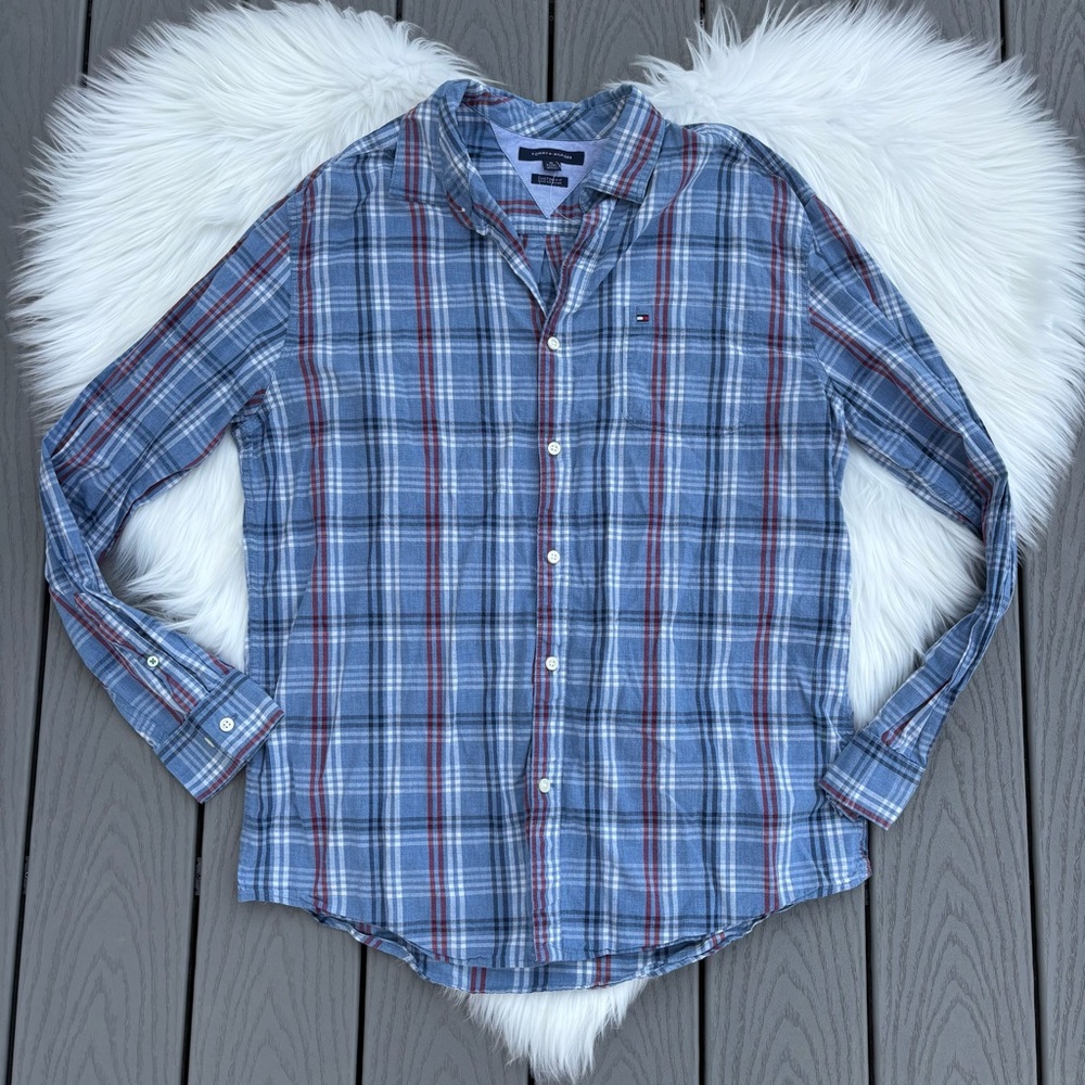 Tommy Hilfiger Mens Button Down Plaid Top
